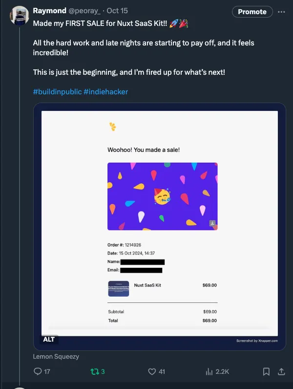 Nuxt SaaS Kit first tweet screenshot